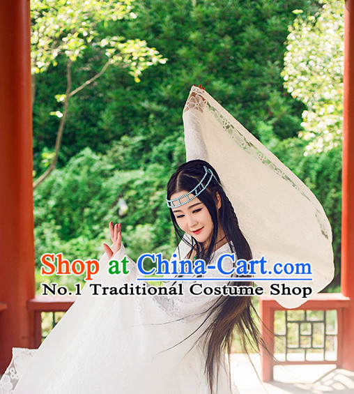 Chinese White Fairy Oriental Clothing Classical Dancing Outfit and Hair Accessories for Women