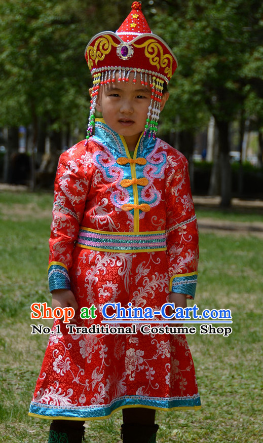 Traditional Chinese Photo Costume Mongolian Costume and Hat Complete Set for Child