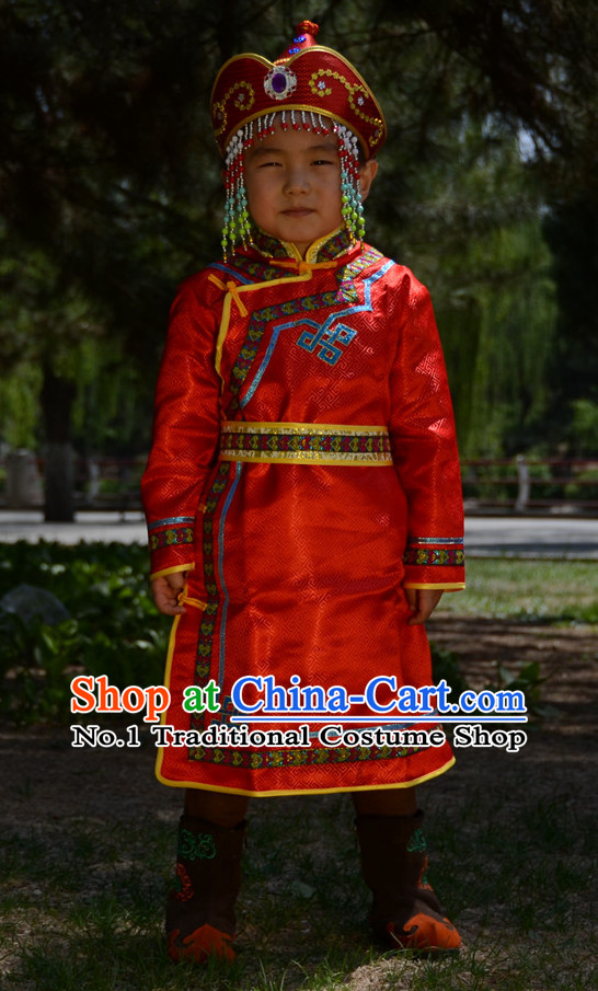 Traditional Chinese Photo Costume Mongolian Costumes and Hat Complete Set for Child