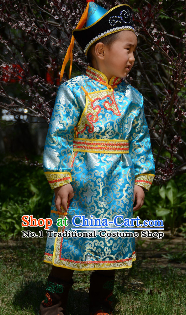 Traditional Chinese Photo Costume Mongolian Clothing and Hat Complete Set for Children