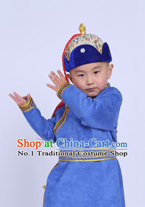 Traditional Chinese Photo Costume Mongolian Long Robe and Hat Complete Set for Children