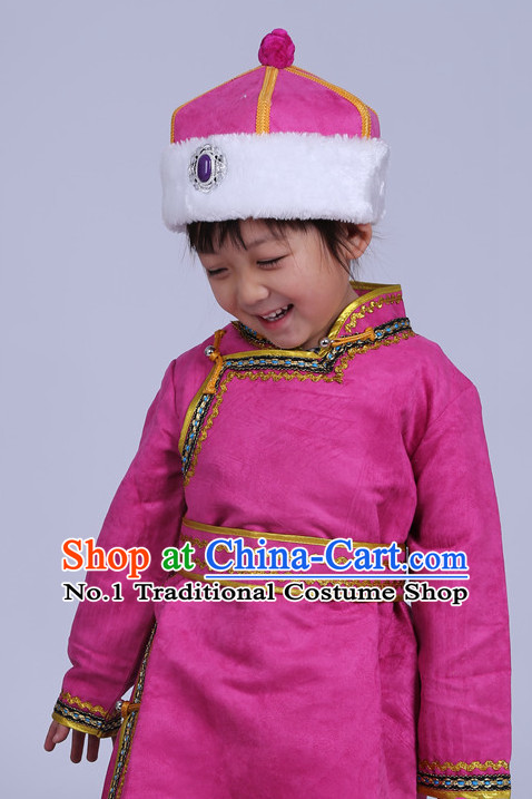 Traditional Chinese Photo Costume Mongolian Long Robe and Hat Complete Set for Children