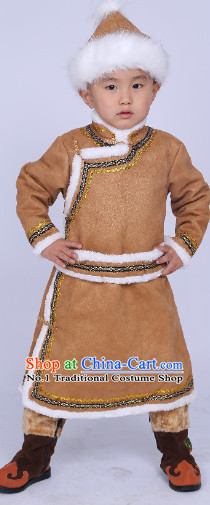 Traditional Chinese Mongolian Long Robe and Hat Complete Set for Boys