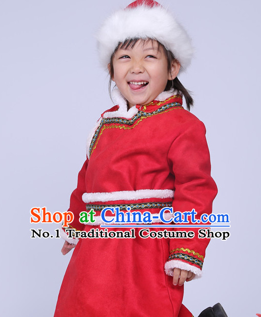 Traditional Chinese Mongolian Long Robe and Hat Complete Set for Girls