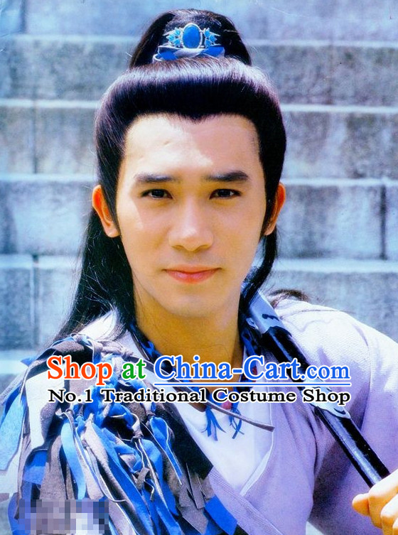 Handmade Chinese Classical Long Black Wigs and Coronet for Men