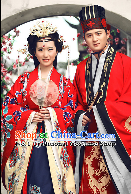Red Chinese Ancient Bridegroom Wedding Dresses and Hat Complete Set for Men and Women