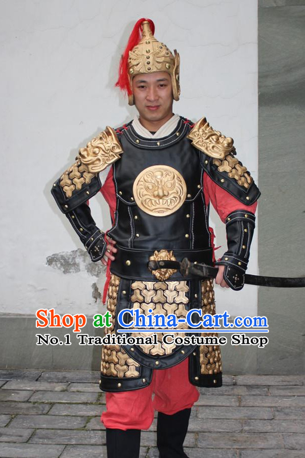 Chinese Ancient Warrior Armor Costumes and Helmet Complete Set for Men