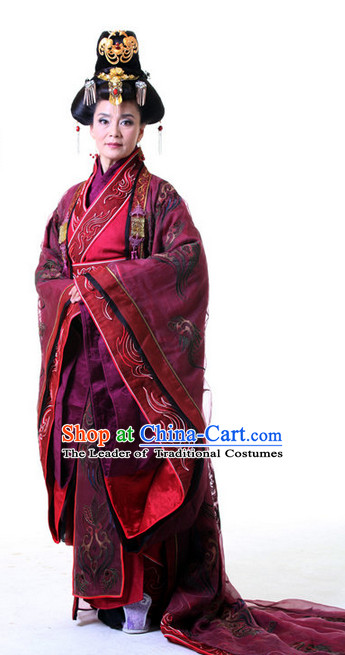 China Ancient Queen Hanfu Costumes and Hair Accessories Complete Set