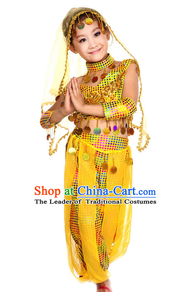 Yellow Xinjiang Dance Costumes and Veil for Kids