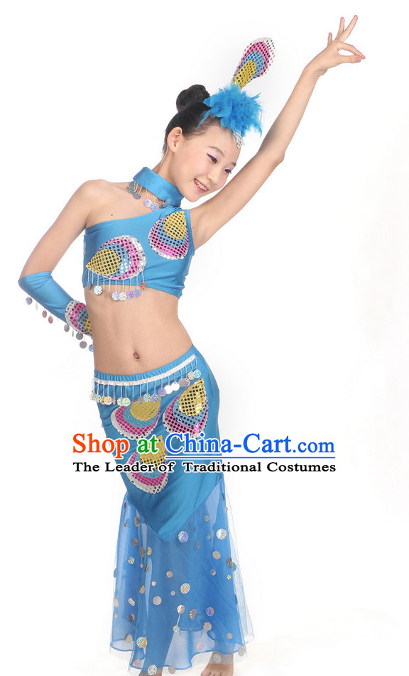 Blue Yunnan Peacock Dance Costume and Headwear for Kids
