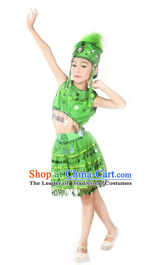 Green Stage Performance Dance Costume and Headpieces for Kids