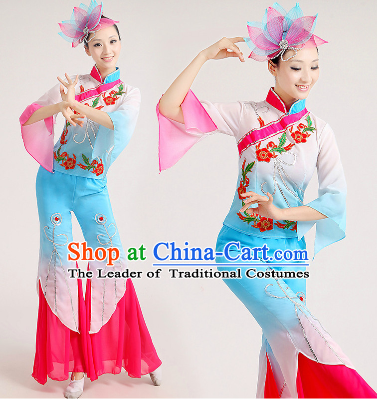 Chinese Folk Fan Dance Group Dancing Costume and Hair Jewelry Complete Set