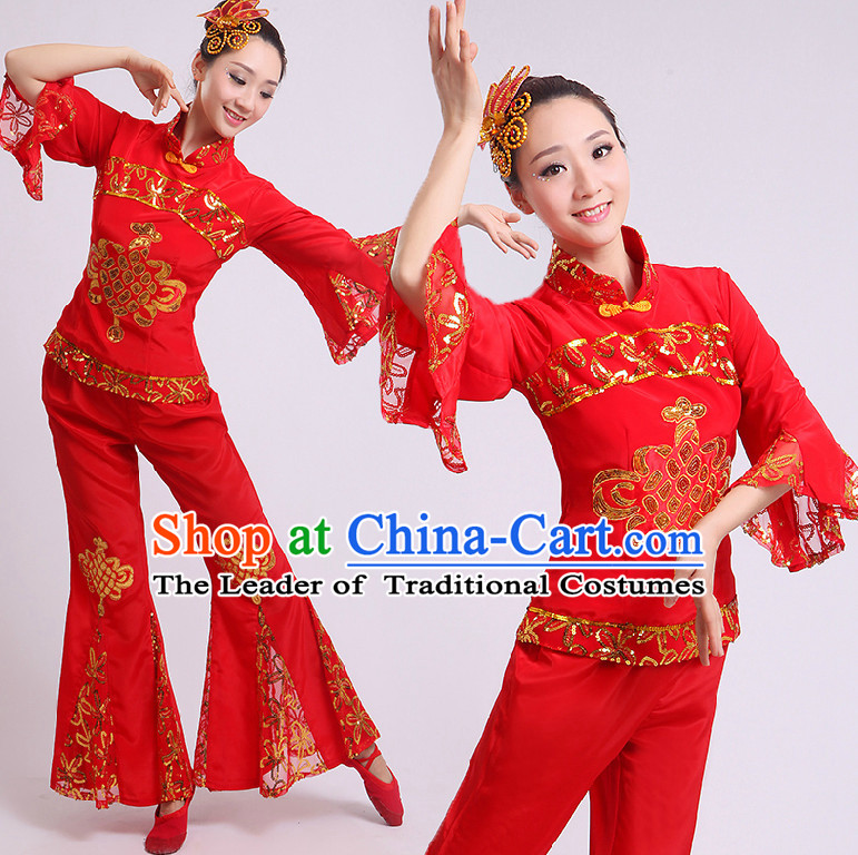 Chinese Fan Dance Costumes Team Dancing Costume Dancewear China Dress Dance Wear and Headwear Complete Set