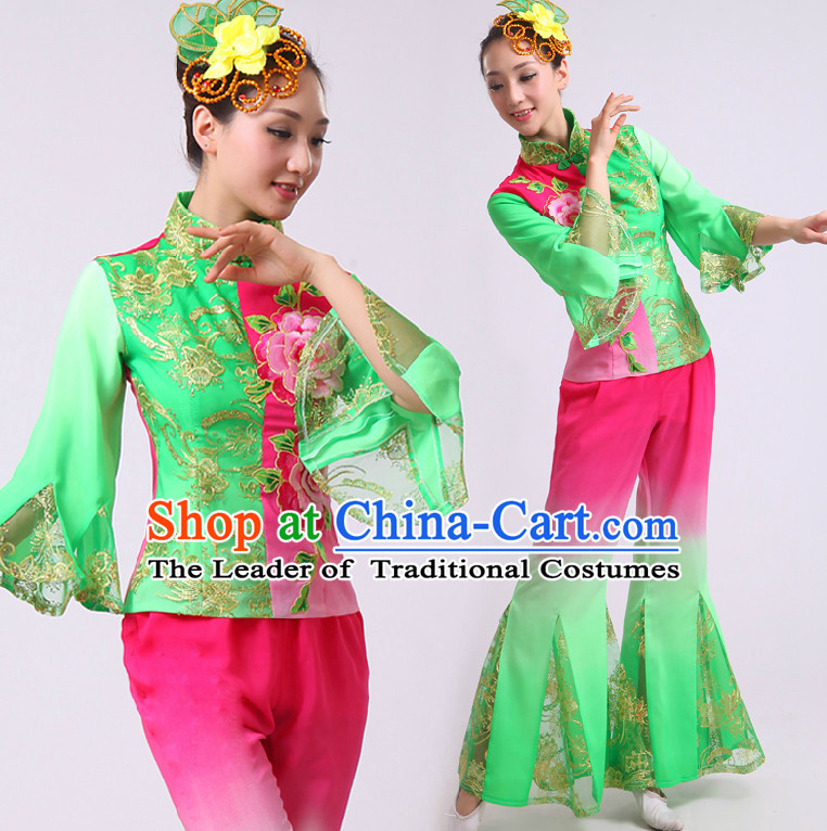 Chinese Fan Dance Costumes Ribbon Dancing Costume Dancewear China Dress Dance Wear and Headwear Complete Set
