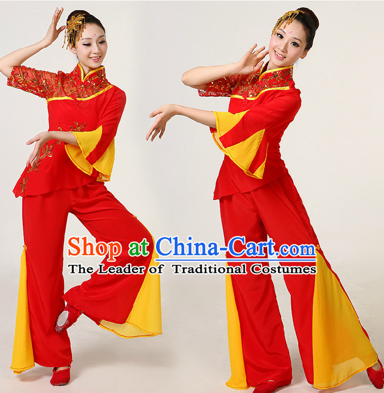 Chinese Dance Costumes Competition Costumes Dancewear China Dress Dance Wear and Headpieces Complete Set