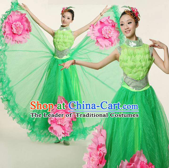 Chinese Flower Dance Costume Competition Costumes Dancewear China Dress Dance Wear and Headpieces Complete Set