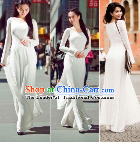 Pure White Traditional Vietnamese Girl Clothing Ao Dai