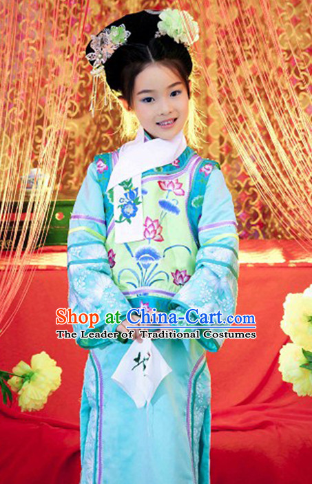 Qing Dynasty Princess Clothing and Headwear Complete Set for Kids