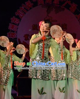 Chinese Stage Performance Fan Dancing Costume and Head Wear for Women