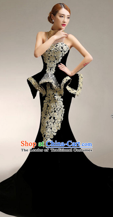 Top Chinese Black Long Tail Evening Dress Complete Set