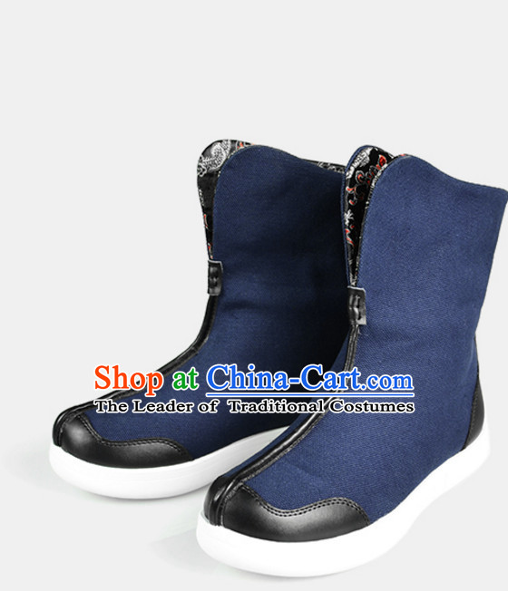 Traditional Chinese Style Classic Handmade Blue Boots for Men