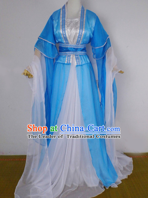 Blue and White Traditional Chinese Classical Hanfu Clothes Complete Set with Long Tail