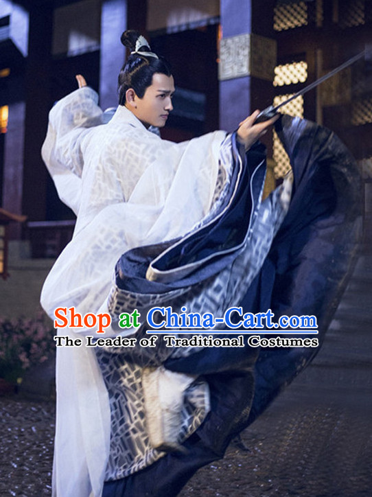 Ancient Chinese Swordsman Garment Costumes Garment Clothing and Coronet Headpieces Complete Set