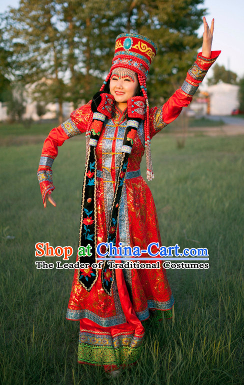 Ancient Chinese Mongolian Princess Clothing Garment Clothing and Hat Headpieces Complete Set