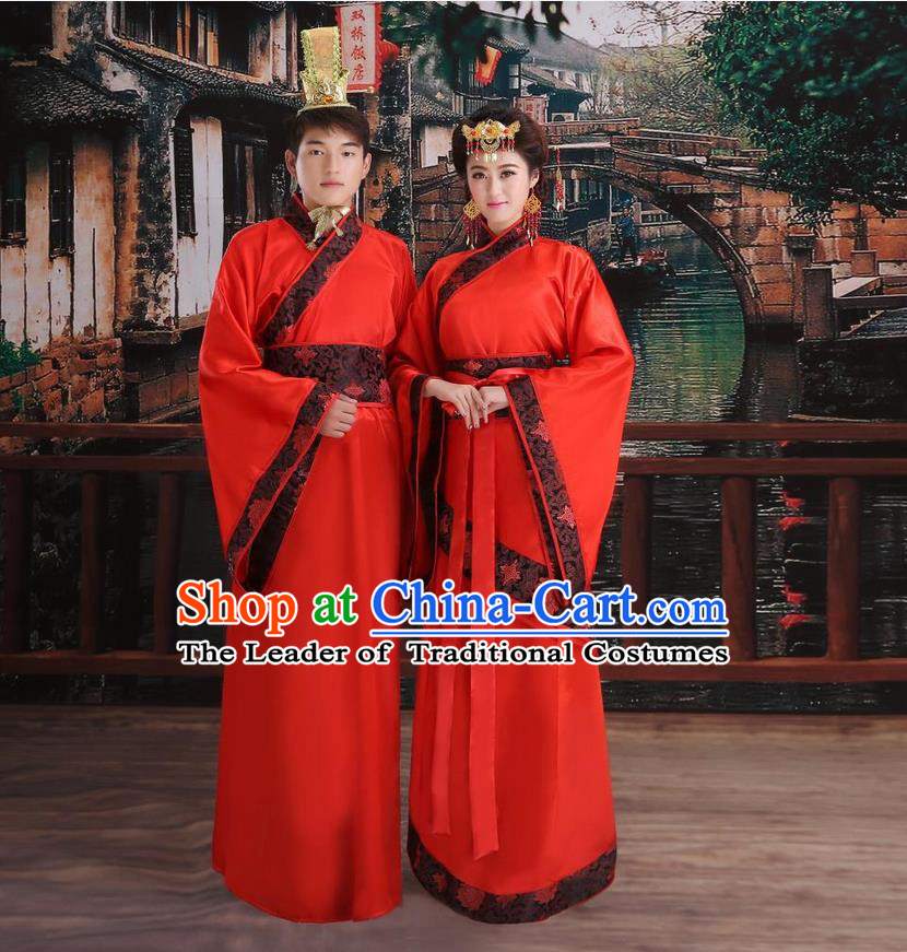 Ancient Chinese Palace Empress King Red Costumes Complete Set, Han Dynasty Ancient Palace Wedding, Empress And Emperor Hanfu Dress Suits