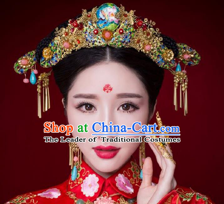 Chinese Ancient Style Hair Jewelry Accessories, Hairpins, Hanfu Xiuhe Suits Wedding Bride Headwear, Headdress, Imperial Empress Handmade Phoenix Hair Fascinators Set for Women