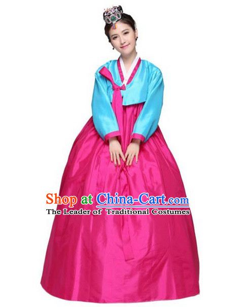 Korean Traditional Costumes Bride Dress Wedding Clothes Korean Full Dress Formal Attire Ceremonial Dress Court Stage Dancing Blue Top Red Skirt