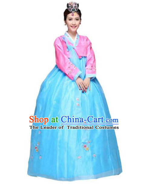 Korean Traditional Costumes Bride Dress Wedding Clothes Korean Full Dress Formal Attire Ceremonial Dress Court Stage Dancing Blue Top Red Skirt