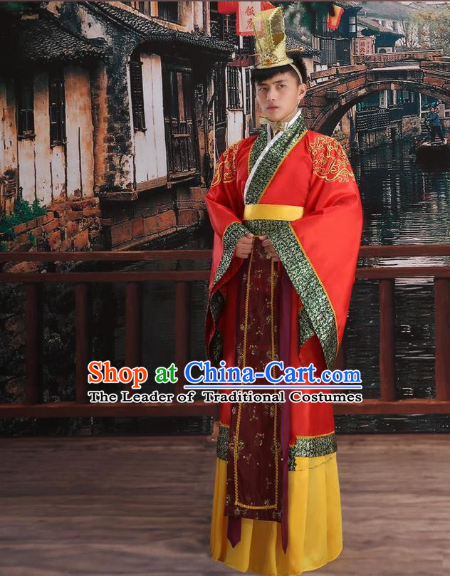Ancient Chinese Palace Emperor Costumes Complete Set, Han Dynasty Ancient Palace Majesty Wedding Clothing, Imperial King Robe Suits for Men