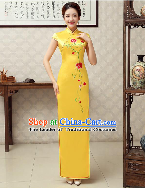 Ancient Chinese Costumes, Manchu Clothing Qipao, Retro Mandarin Collar Embroidered Long Silk Cheongsam, Traditional Cheongsam Wedding Toast Dress for Bride