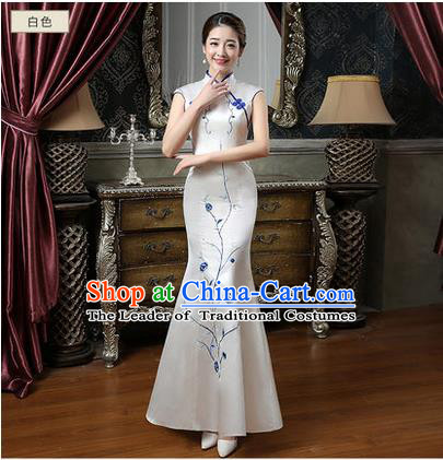 Ancient Chinese Costumes, Manchu Clothing Qipao, Retro Mandarin Collar Embroidered Silk Long Cheongsam, Traditional Fish Tail Cheongsam Wedding Toast Dress for Bride
