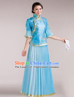 Min Guo Girl Dress Chinese Traditional Costume Stage Show Ceremonial Dress Blue