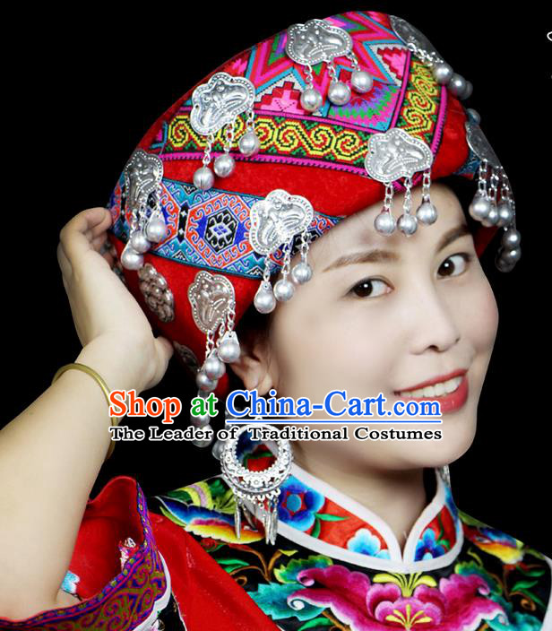 Chinese Traditional Miao Minority Hmong Folk Ethnic Hat, Tujia Ethnic Embroidery Bells Hat for Women