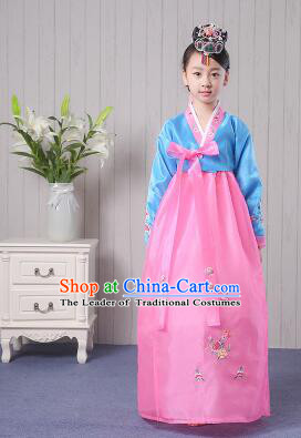 Korean Traditional Costumes Girl Dress Stage Show Dancing Clothes Blue Top Pink Skirt