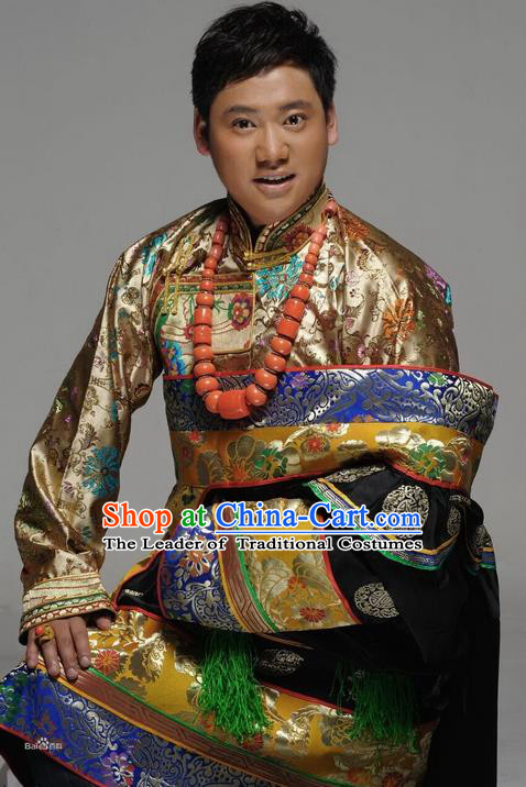 Traditional Chinese Zang Nationality Dancing Costume, Tibetan Male Folk Dance Ethnic Dress, Chinese Minority Tibetan Nationality Embroidery Costume for Men