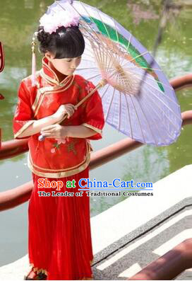 Min Guo Girl Dress Traditional Chinese Clothes Ancient Costume Tang Suit Children Kid Show Stage Wearing Dancing Red
