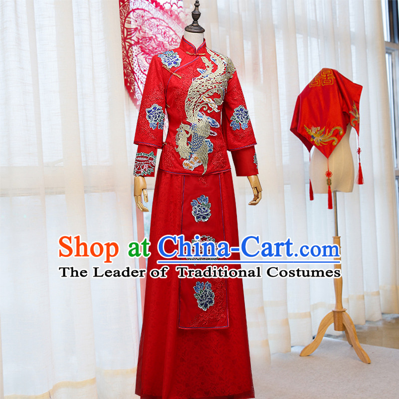 Ancient Chinese Costume, Chinese Style Wedding Dress, Red Ancient Dragon And Phoenix Flown, Bride Toast Clothing For Women