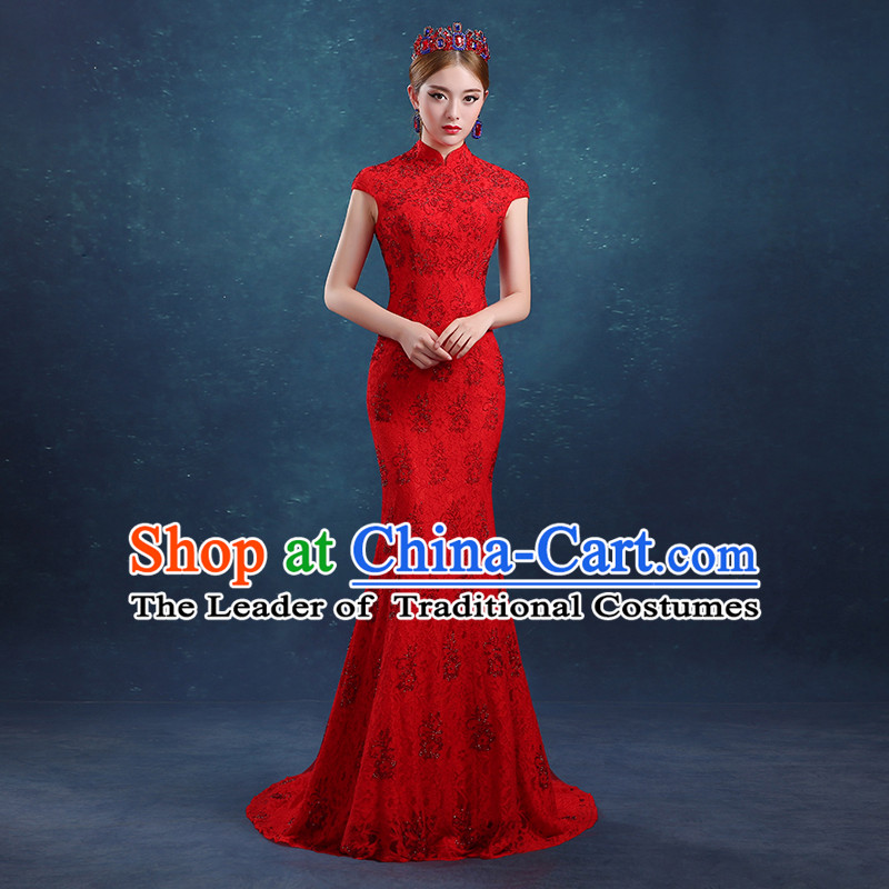 Ancient Chinese Bride Toast Clothing Cheongsam, Red Long Fishtail Wedding Dress, Traditional Female Chinese Style Bottom Drawer For Women