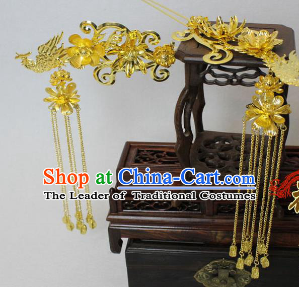 Chinese Ancient Style Hair Jewelry Accessories, Hairpins, Tang Dynasty Xiuhe Suits Wedding Bride Headwear, Headdress, Imperial Empress Handmade Phoenix Hair Fascinators for Women