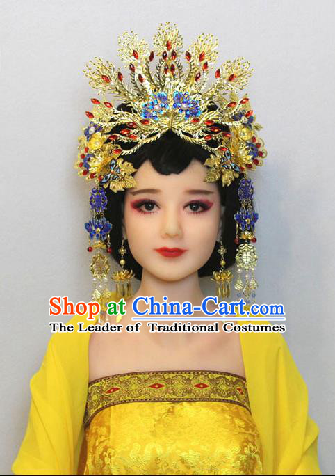 Chinese Ancient Style Hair Jewelry Accessories, Hairpins, Han Dynasty Cosplay Cloisonne Blueing Princess Hanfu Xiuhe Suit Wedding Bride Phoenix Coronet, Hair Accessories for Women
