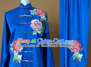 Blue Top Embroidered Mandarin Tai Chi Taiji Martial Arts Competition Uniforms Dresses Suits Outfits