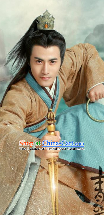 Ancient Chinese Swordsmen Clothing and Hair Jewelry Complete Set for Men