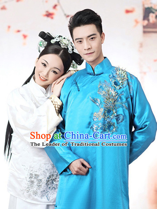 Chinese Mandarin Blue Long Minguo Time Robe Complete Set for Men