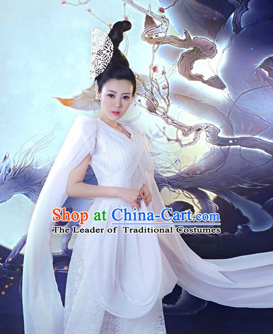 Chinese Ancient Fox Spirit Fairy Costumes and Hair Jewelry Complete Set for Women