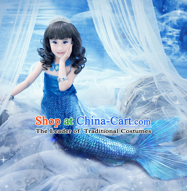 Chinese Ancient Mermaid Costumes and Hair Accessories Complete Set for Girls Children Kids