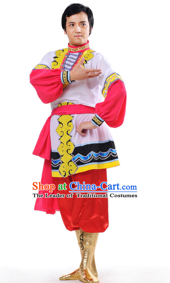 Chinese Traditional Ethnic Group Dancing Costumes and Headdress Complete Set for Men